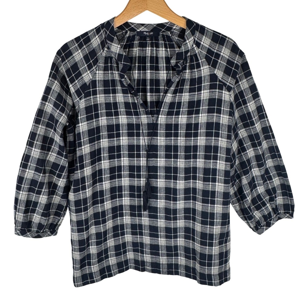 Madewell Navy White Plaid Cotton Linen Blouse Top Womens Small Tassel Tie